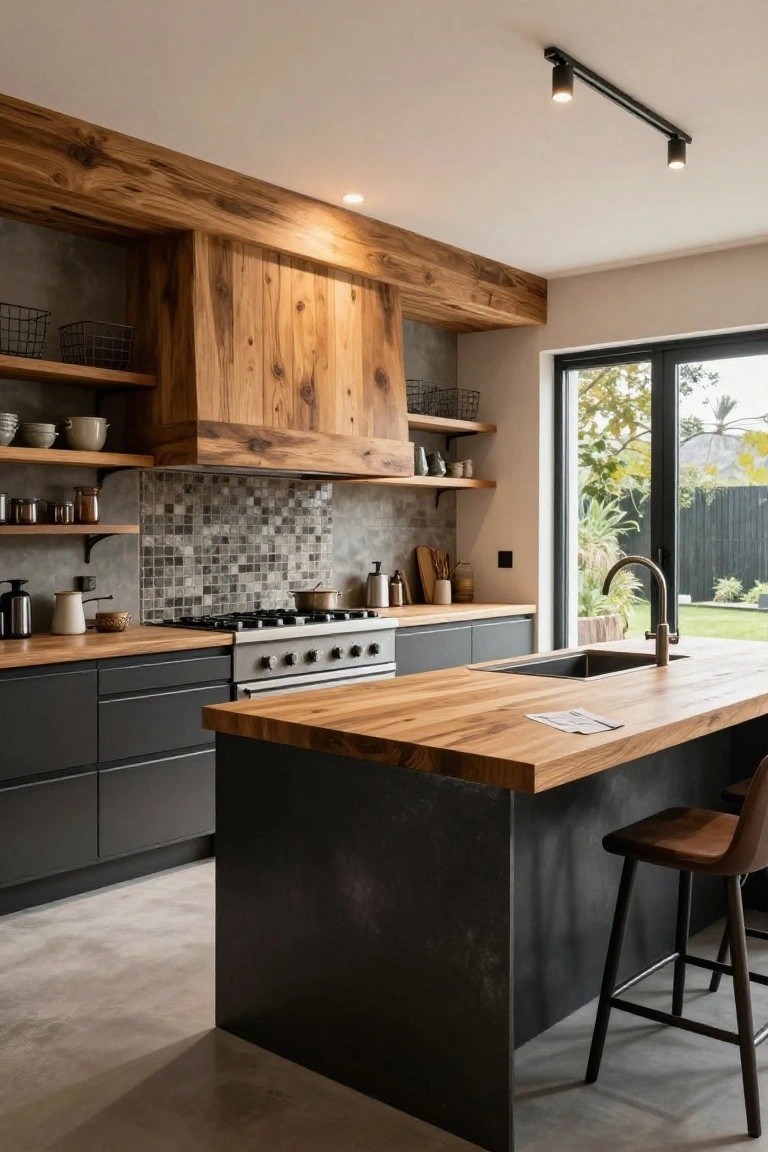 Modern kitchen with wooden island, range hood, dark cabinets, and bar stool by window