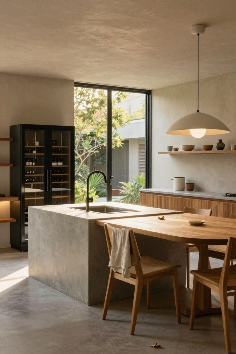 Modern kitchen with concrete island, wooden dining table, pendant light, and garden view.