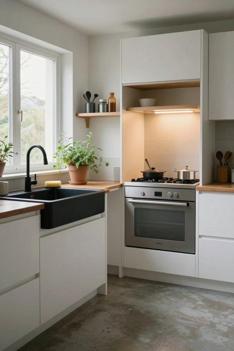 A modern kitchen interior showing white cabinets, a black farmhouse sink, wooden countertops, a stainless steel oven and stovetop, and one open wooden shelf above the cooking area.