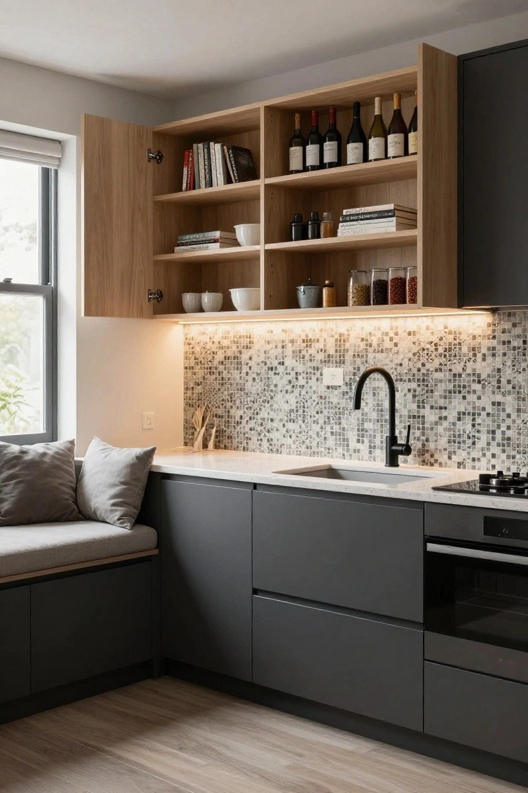 A modern kitchen featuring dark gray lower cabinets, light wood open shelving stocked with books and dishware, a mosaic tile backsplash, black sink faucet, and a built-in bench with gray cushions beside a window.
