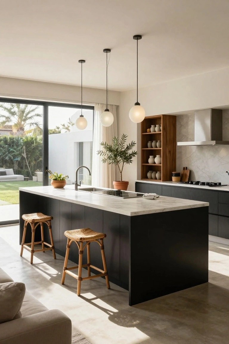 A modern kitchen with a large dark island topped in white marble, two woven stools, and pendant lights above.