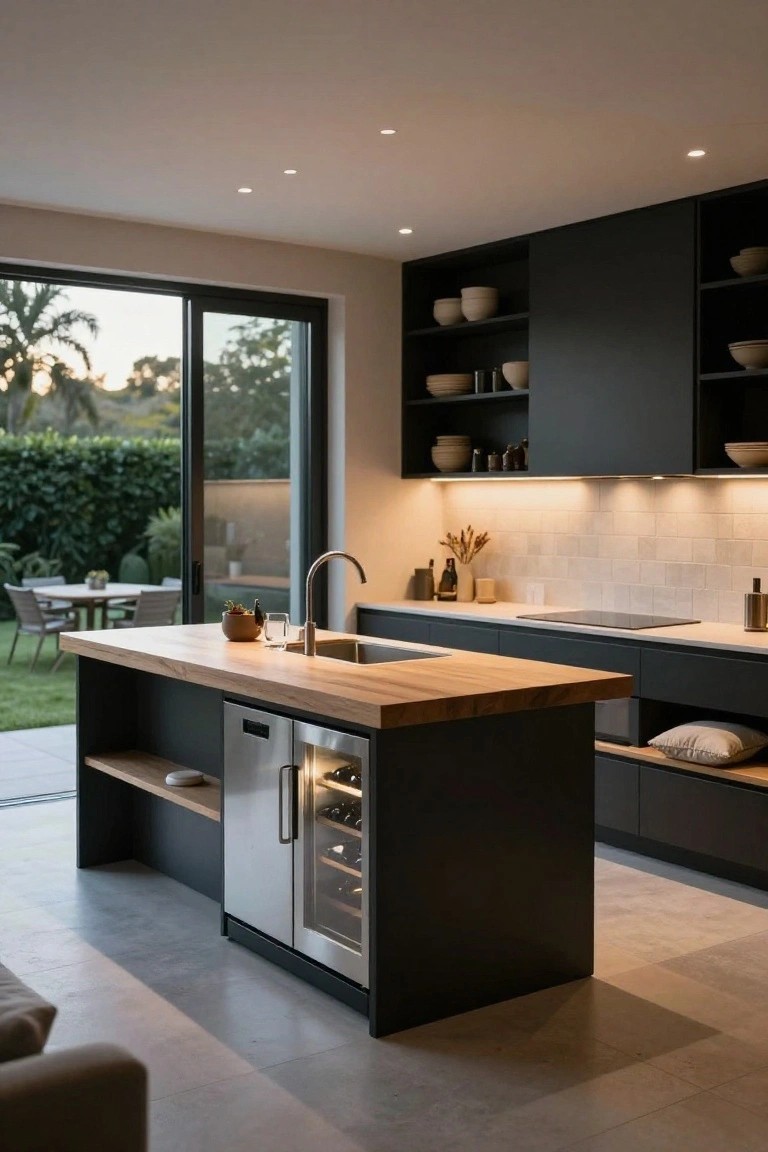 A modern kitchen with a large central island featuring a wooden countertop, sink, and built-in stainless steel wine refrigerator, surrounded by dark cabinetry and open shelving.