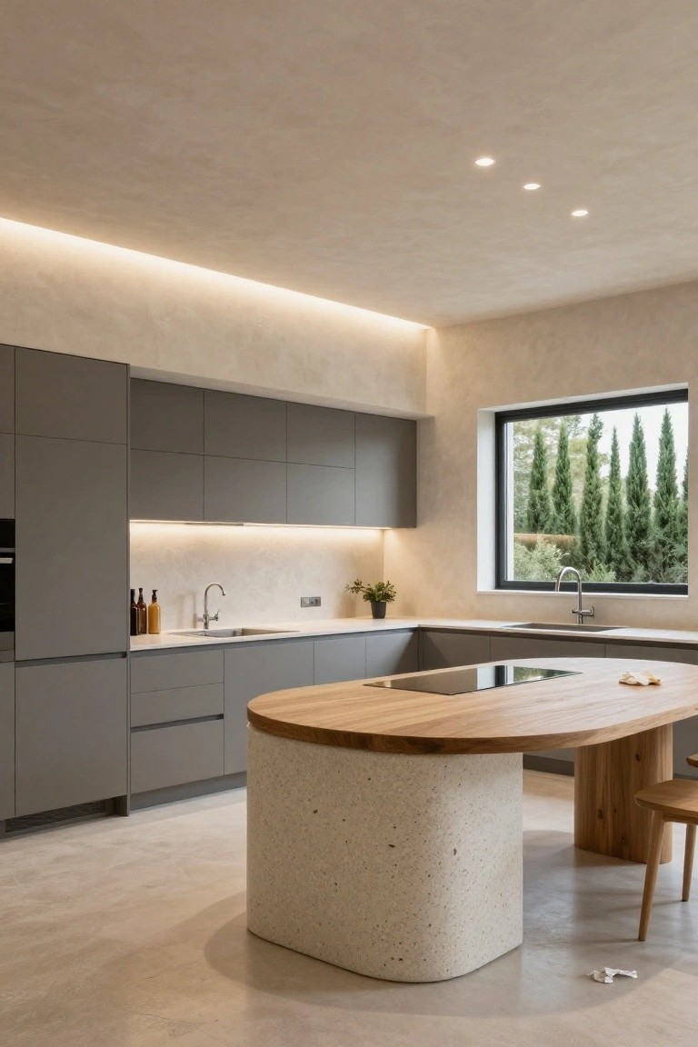 A modern kitchen with gray flat-panel cabinets, a large curved island with a concrete base and wood top, under-cabinet lighting, and a window overlooking trees.