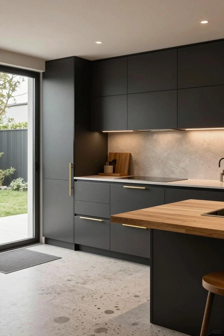 A modern kitchen with dark gray floor-to-ceiling cabinets, gold handles, a wooden island, and a large glass door open to a garden.