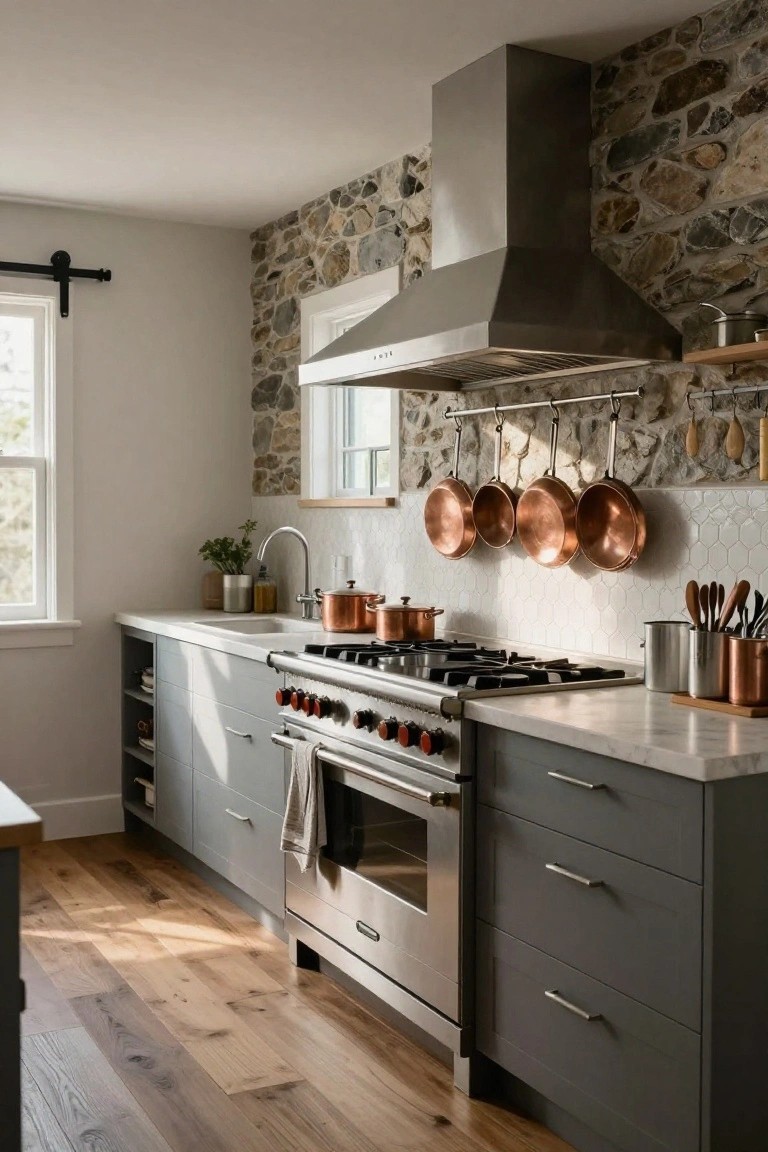 A modern kitchen featuring gray cabinets, a stainless steel range with red knobs, a large metal range hood, and copper pots hanging from a wall-mounted rail against a stone accent wall.