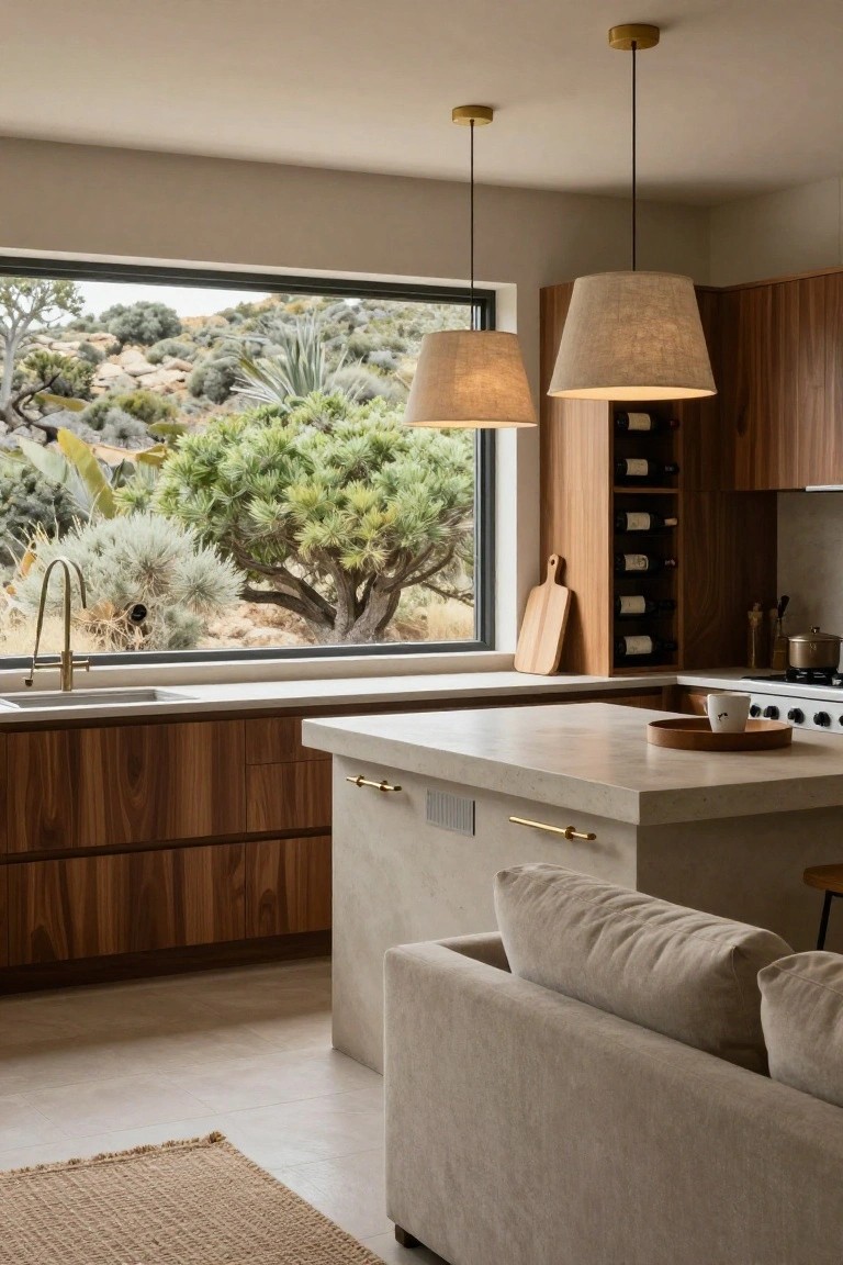 Modern kitchen with a large concrete island, wood cabinetry, brass hardware, pendant lights, and a wide window overlooking trees and shrubs.