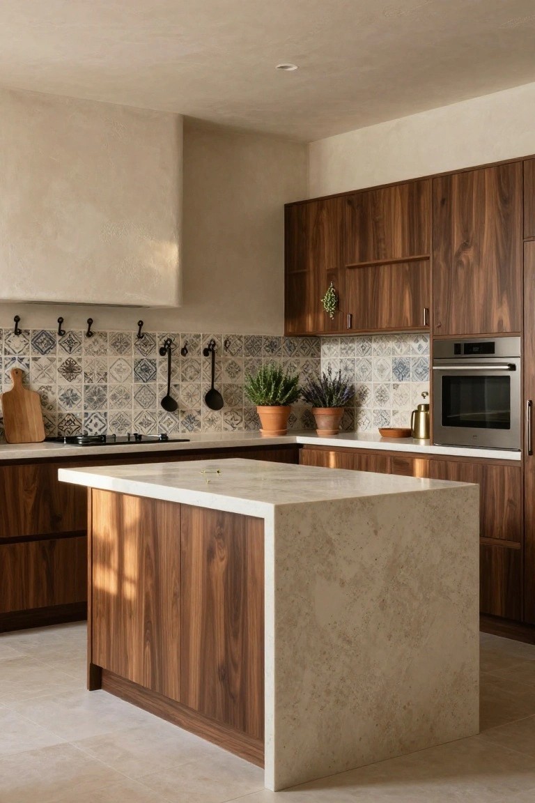 A modern kitchen featuring a large central island with a stone top and wood paneling, dark wood cabinetry, a patterned tile backsplash, and potted plants on the counter.