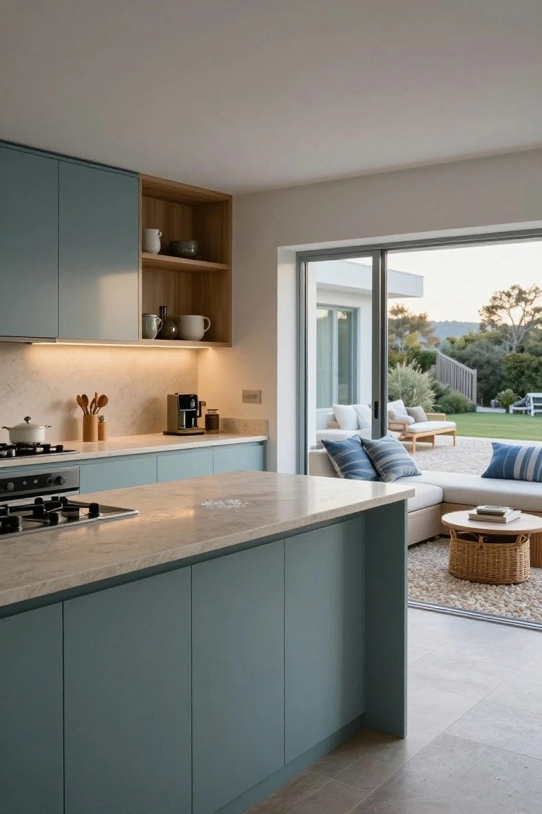 Modern kitchen with blue-gray cabinets, a large central island, open shelving, and sliding glass doors leading to an outdoor seating area.