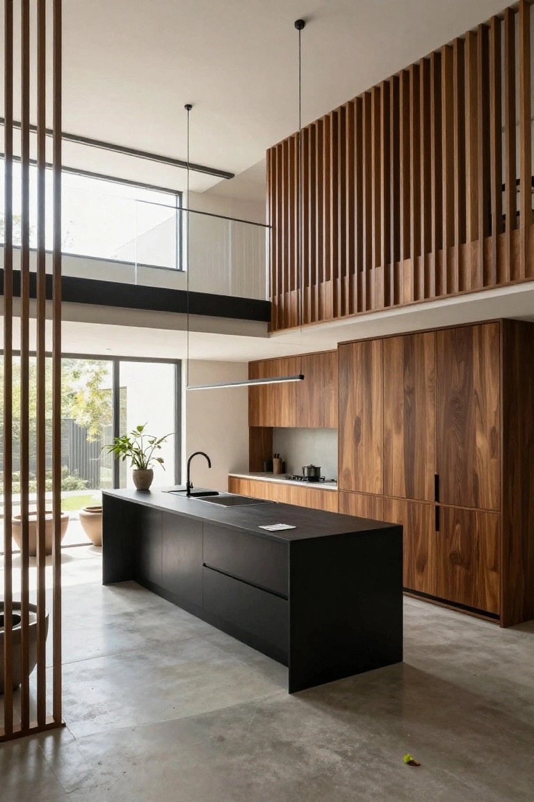 Modern kitchen with black island, walnut cabinets, and tall wooden slats.