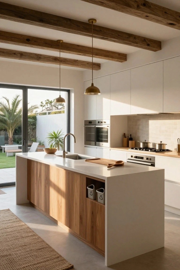 A modern kitchen with a large central island featuring wood cabinetry, a white countertop, a sink, and two built-in storage bins at the end.
