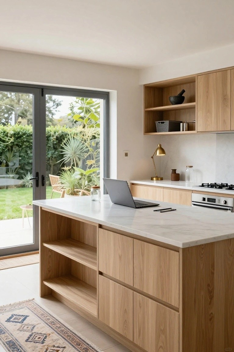 Modern kitchen with a light wood island featuring open lower shelving, white marble countertop, and a laptop placed on top, next to glass doors opening to a garden.