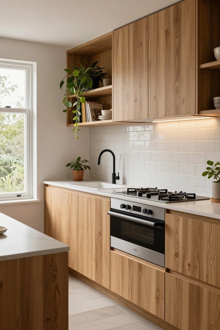 A modern kitchen with light wood cabinets, white countertops, a black faucet, and stainless steel stove and oven.