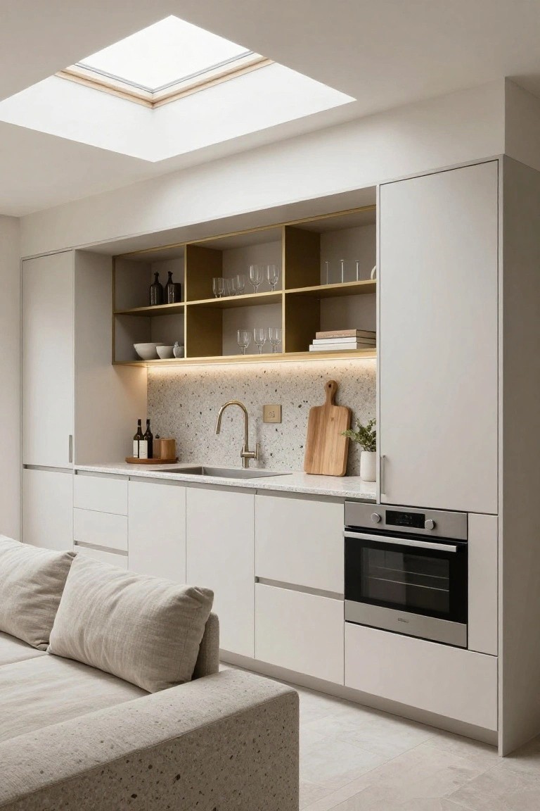 A modern kitchen interior with white cabinetry, gold-trimmed open shelving above a speckled countertop, a built-in oven, and part of a light-colored sofa visible in the foreground.