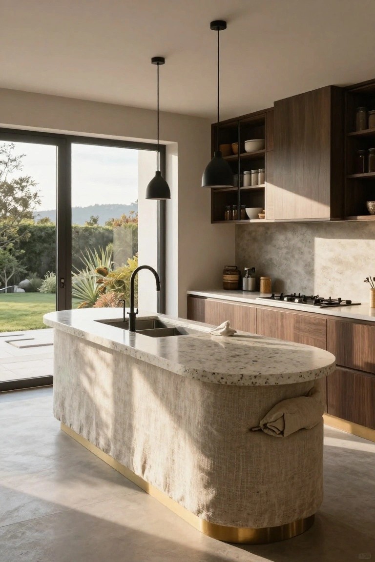 A modern kitchen with a large curved island featuring a speckled stone top and textured base, black faucet, pendant lights, and wood cabinetry.