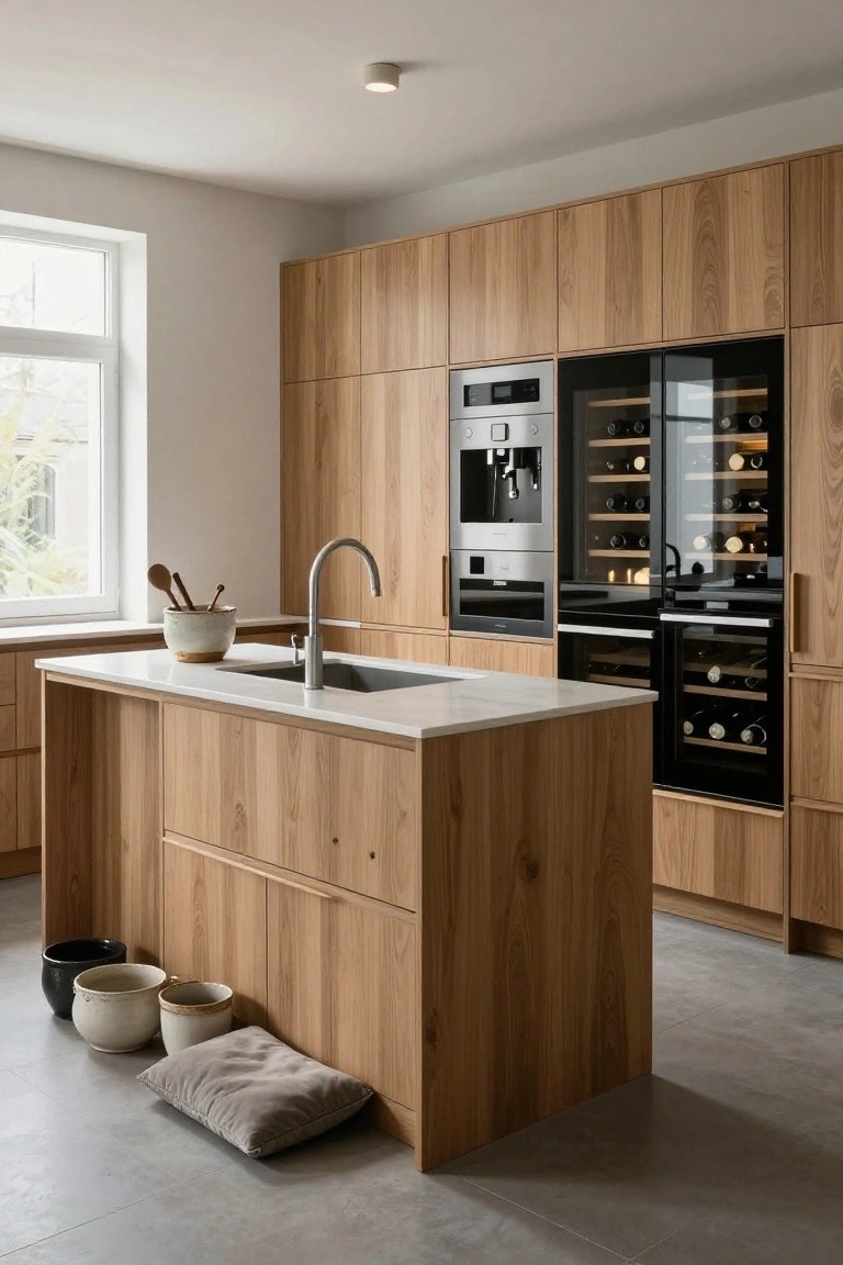 A modern kitchen with light wood cabinetry, a central island sink, and built-in appliances including ovens and wine refrigerators.