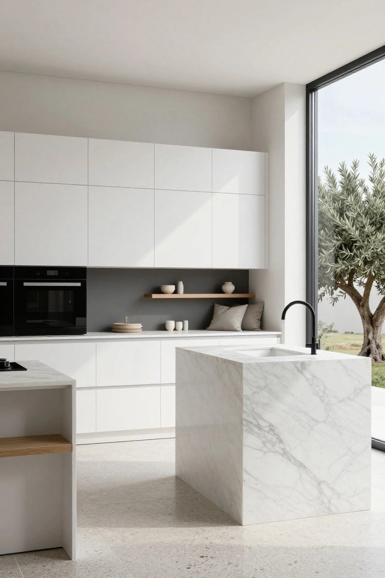A modern kitchen with white flat-panel upper and lower cabinets, built-in black ovens, a gray recessed shelf, and a large white marble island with a sink and black faucet.