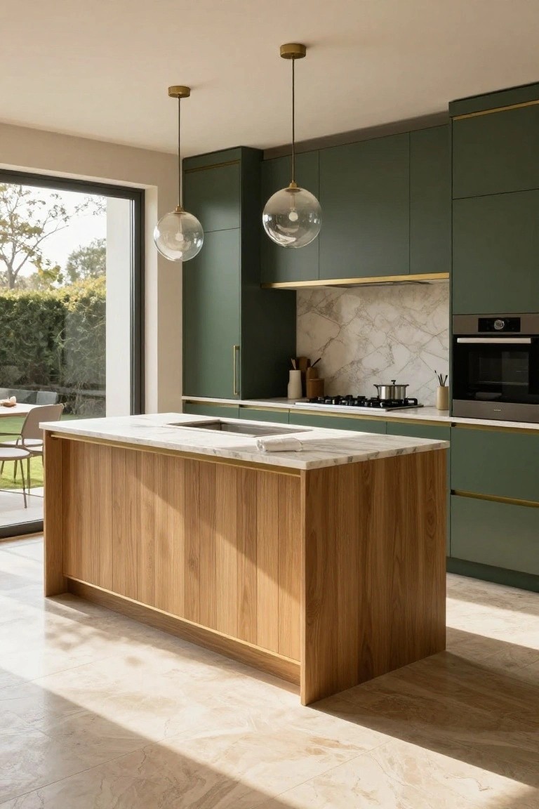 A modern kitchen featuring a large wooden island with a white marble top, surrounded by green cabinets and glass pendant lights.