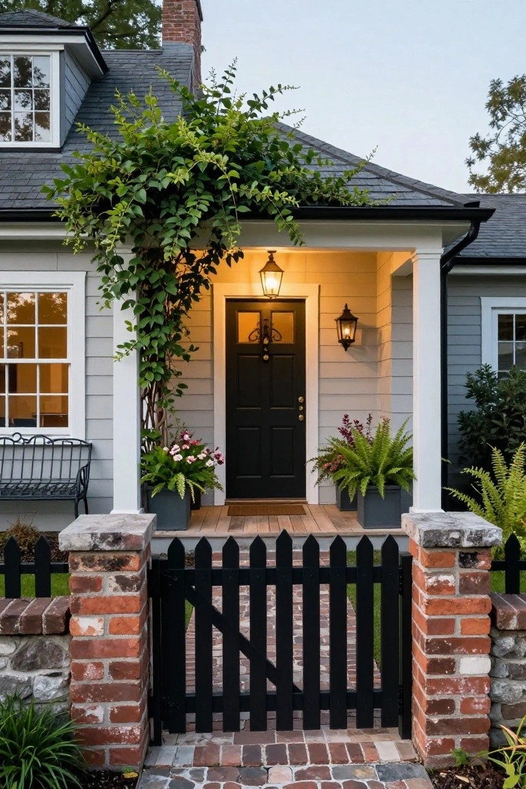A front entrance view showing a black picket gate between brick and stone pillars, a brick path leading to a porch with a dark door, white columns, and climbing greenery.