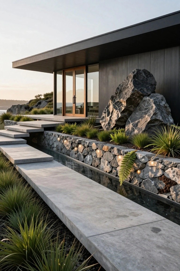 Modern dark home with concrete steps, lit stone water channel, boulders, and coastal plants.