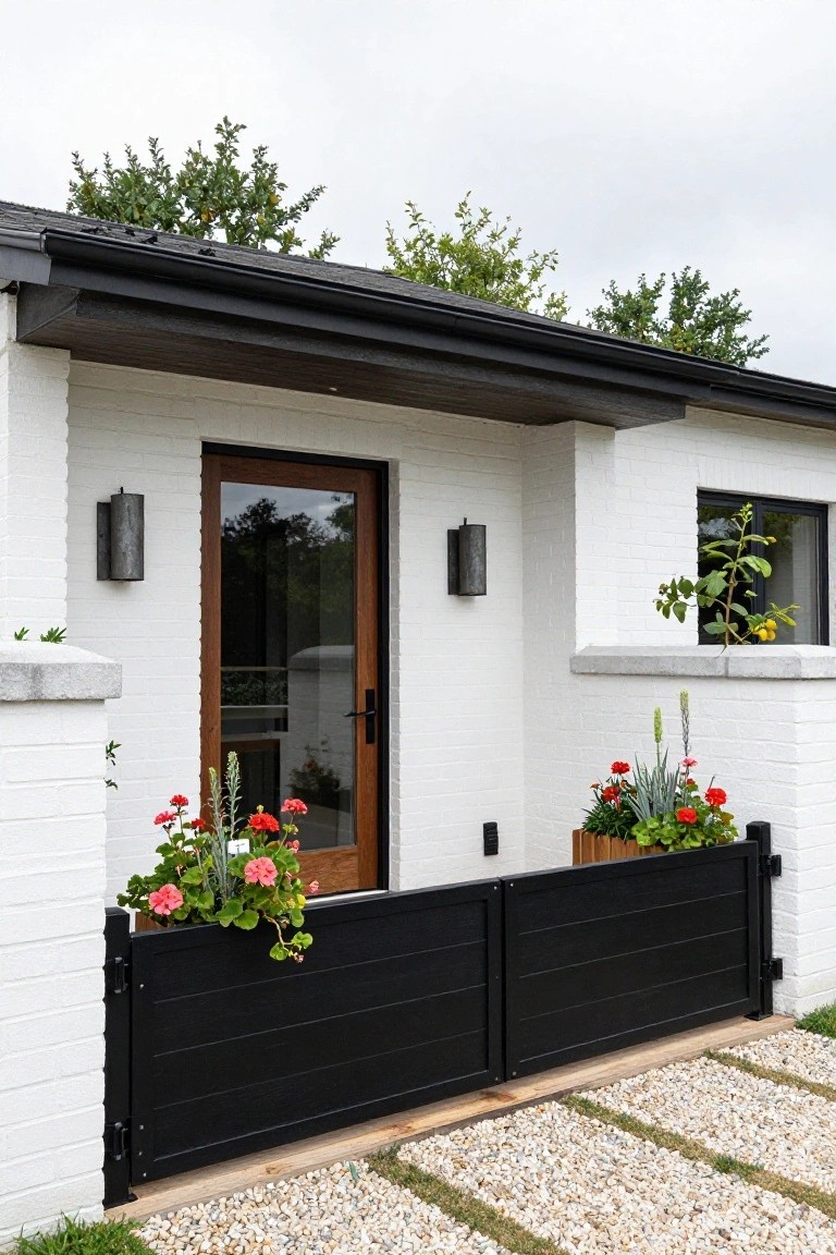 Modern white brick house with wooden door, black gate, and colorful flower planters.