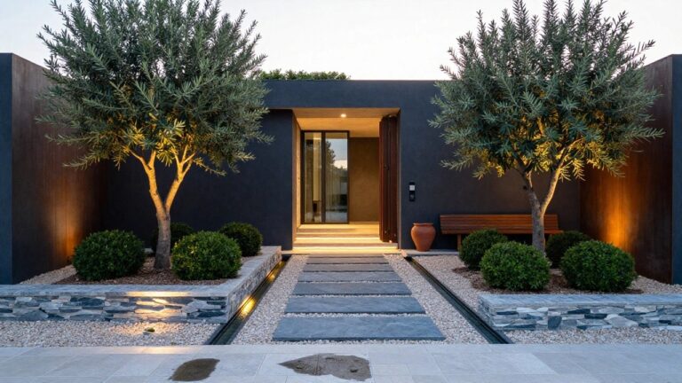 Modern dark house with stone pathway, central water feature, olive trees, and bench.