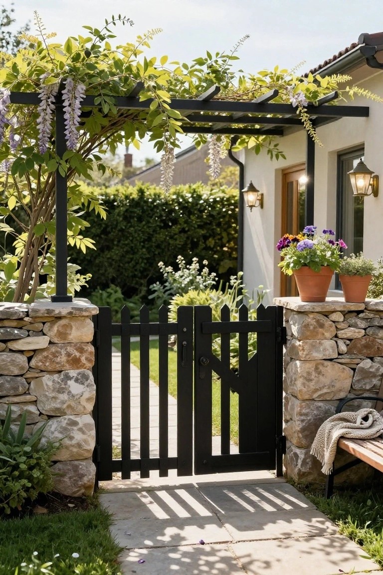 A black wooden gate between low stone pillars, topped by a black pergola covered in hanging purple flowers, with a paved path leading toward a house.