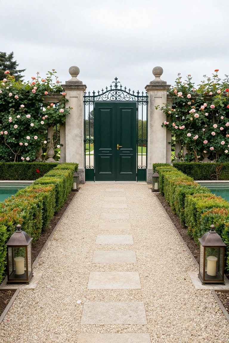 A gravel pathway with rectangular stone pavers leads to a dark green double gate set between stone pillars, flanked by rose-covered hedges and lanterns.