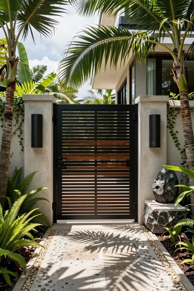 A modern black metal gate with horizontal slats is set between two concrete pillars, leading to a villa with palm trees and a paved pathway.
