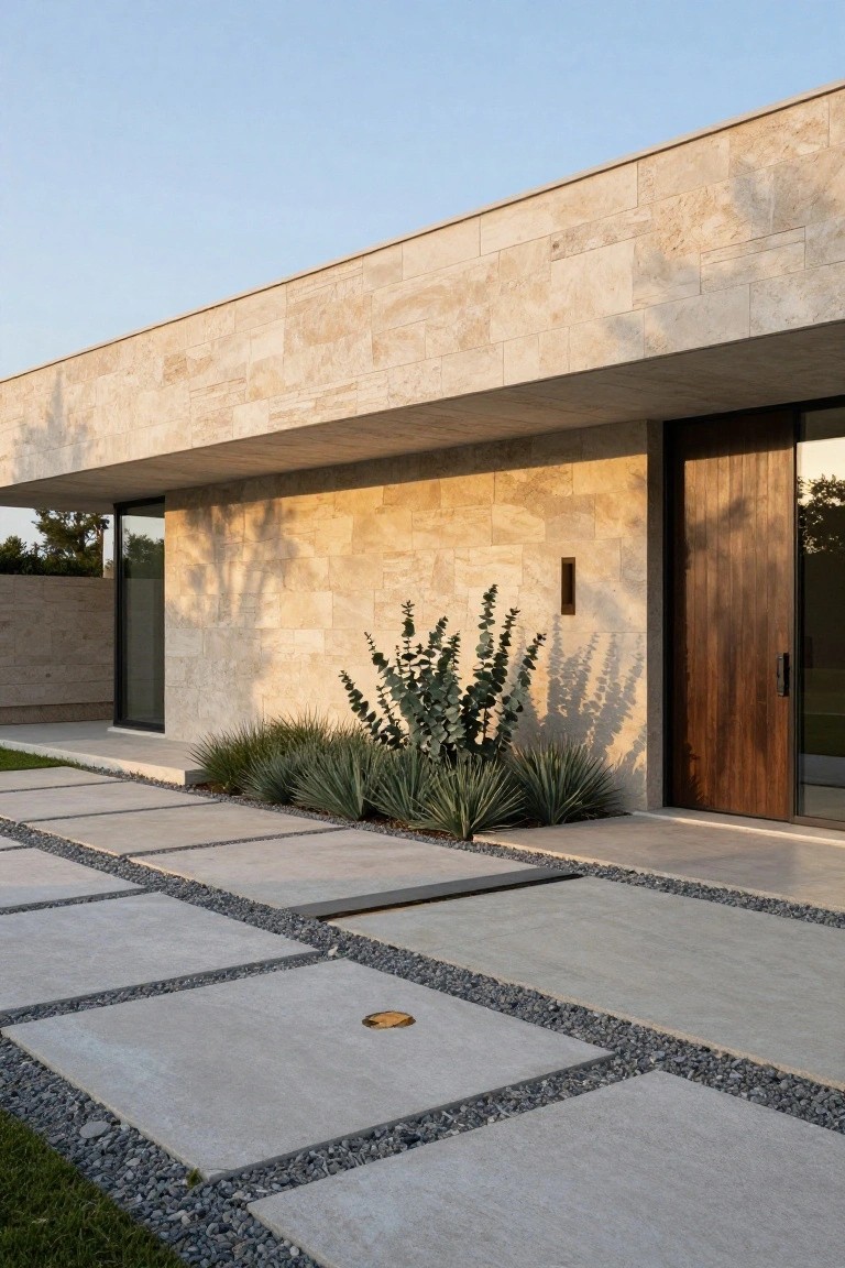Modern stone house with a pathway of large rectangular concrete pavers separated by bands of gray gravel, leading to a wooden door, with low landscaping plants along the wall.