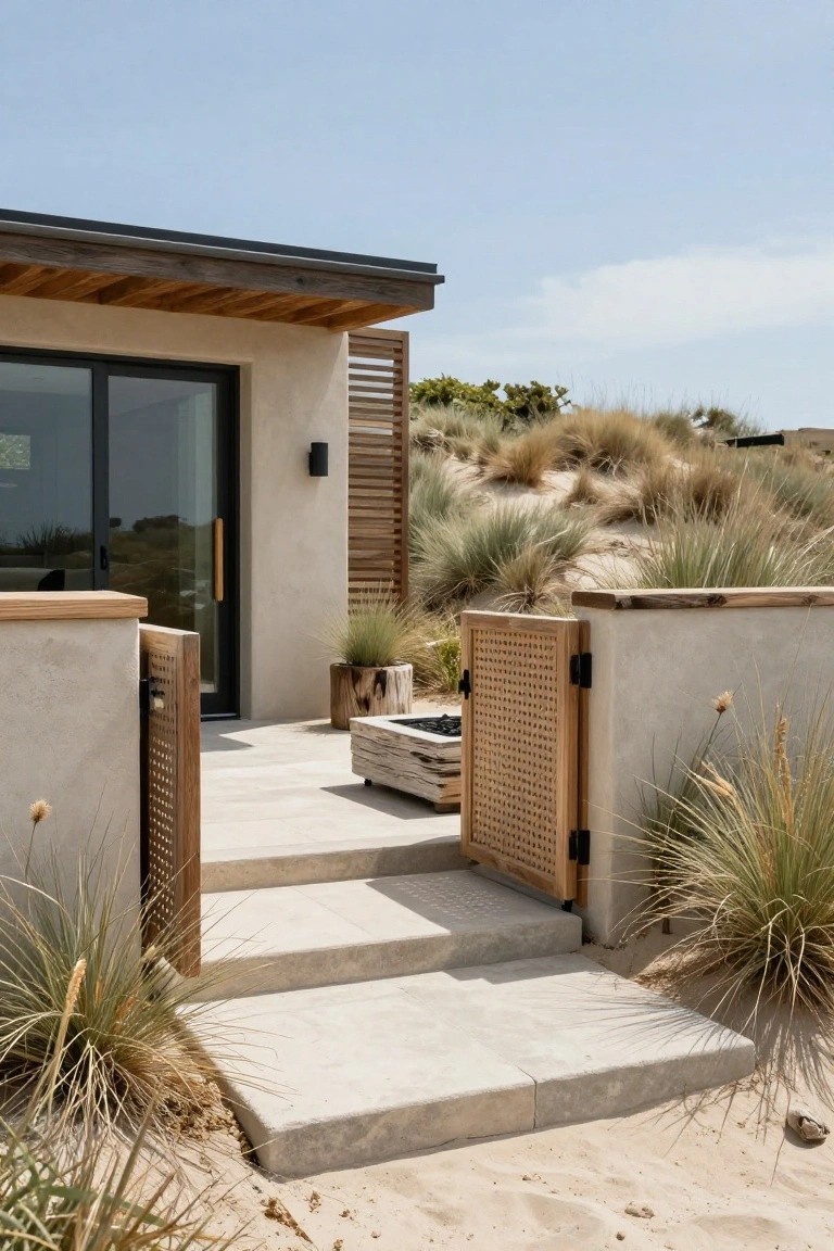 Modern house entrance with open wooden lattice gates set in concrete walls and steps leading to a patio with a fire pit.