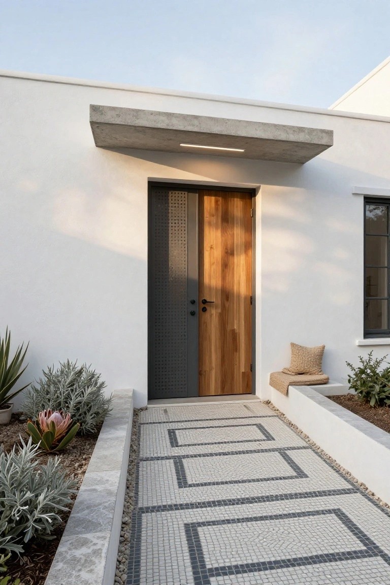 Modern villa entrance featuring a wood and perforated metal front door beneath a concrete overhang, with a mosaic pathway leading to the door.