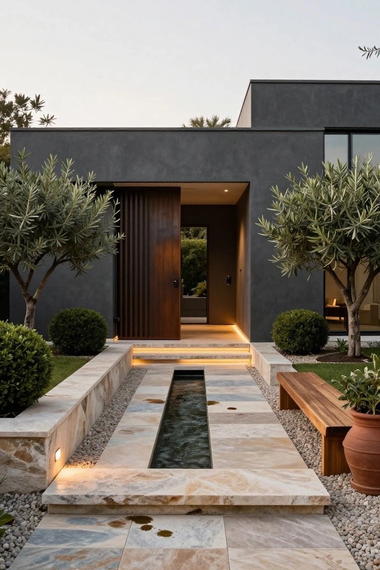 Modern dark house with stone pathway, central water feature, olive trees, and bench.