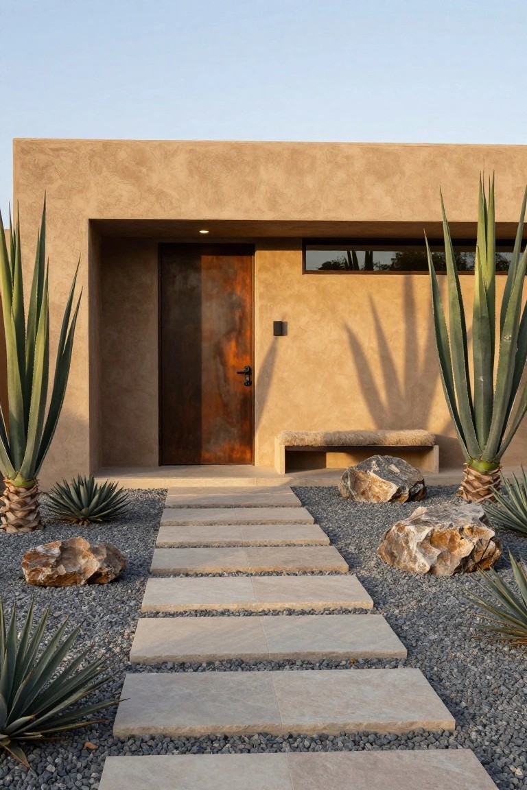 Modern house entrance featuring rectangular stone pavers set in gravel leading to a rusted metal door, with agave plants and large rocks on either side.