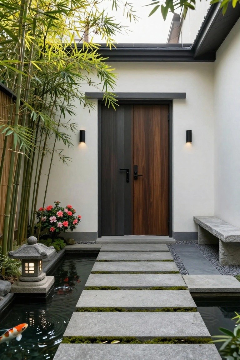 A modern entrance with a wooden door reached by gray stepping stones crossing a narrow pond that contains koi fish, with bamboo on the left and a stone lantern beside the water.