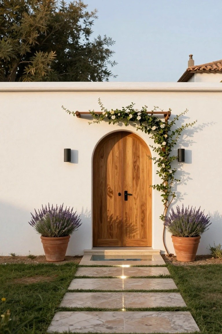 Arched wooden double doors in white wall with lavender pots and vine trellis