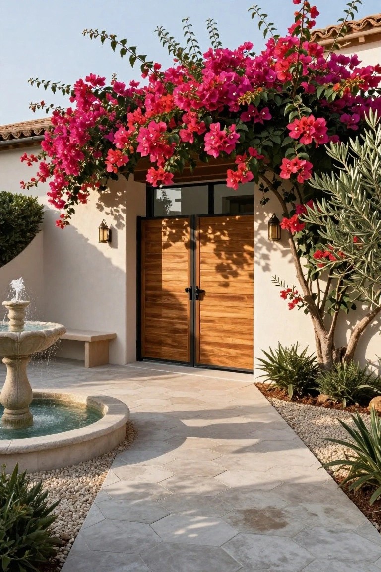 A stone pathway made of hexagonal pavers leads to a pair of wooden double doors on a light-colored villa wall, with a stone fountain on the left and bougainvillea vines overhead.
