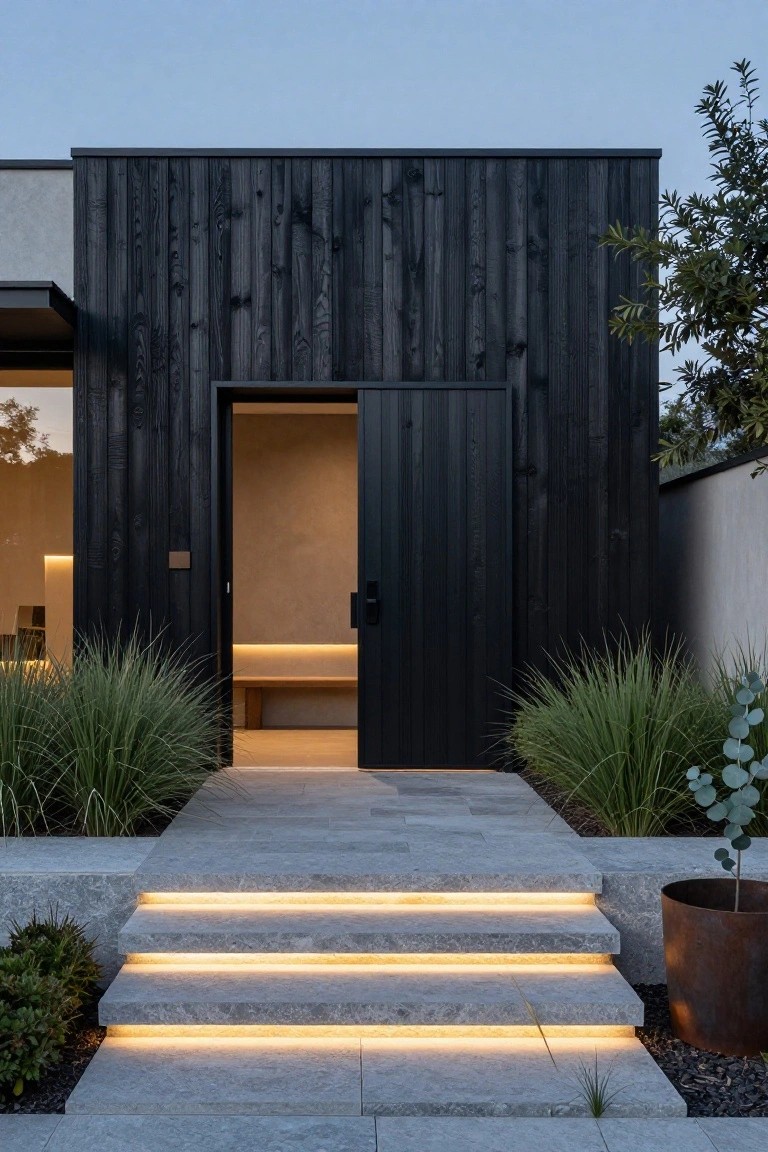 Modern house entrance featuring dark vertical wood siding, an open black door, and gray stone steps with integrated lighting.