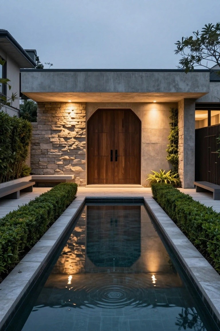 A modern villa entrance features double wooden doors beneath a concrete overhang, with a long rectangular reflecting pool running down the center of the paved approach and stone walls on both sides.