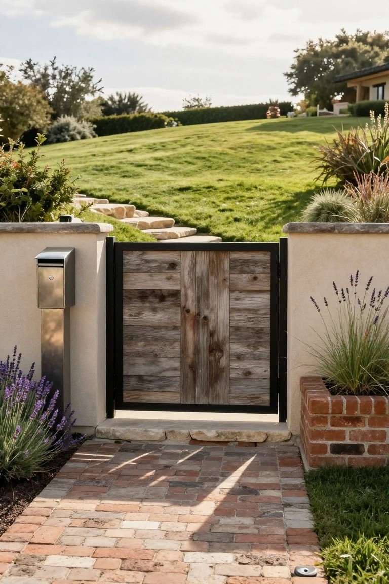 A wooden gate with black metal frame stands between stucco pillars beside a brick pathway lined with lavender.