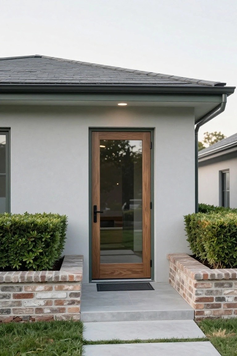 Front view of a ranch home entrance showing a wood door with a vertical glass panel and dark frame, set in light gray siding with brick planters holding green shrubs on either side.