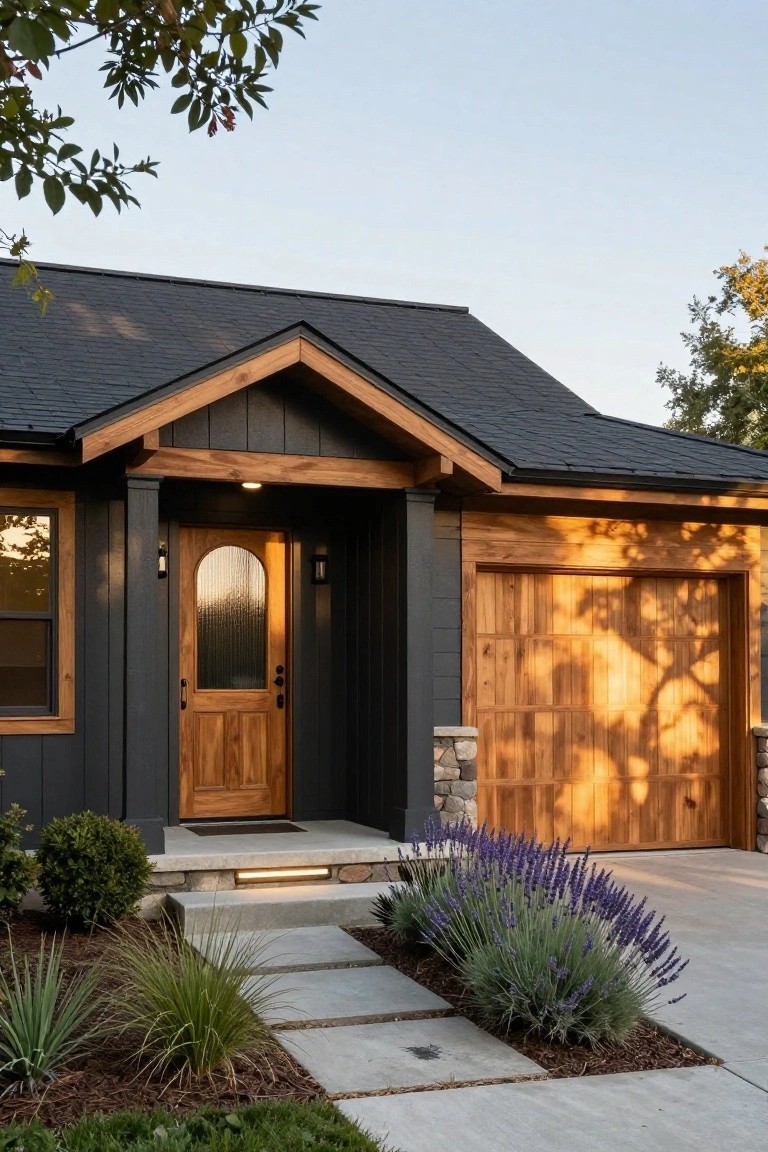 Front view of a ranch house with dark gray siding, a wooden garage door, a gabled wooden entry door, and stone accents at the base.