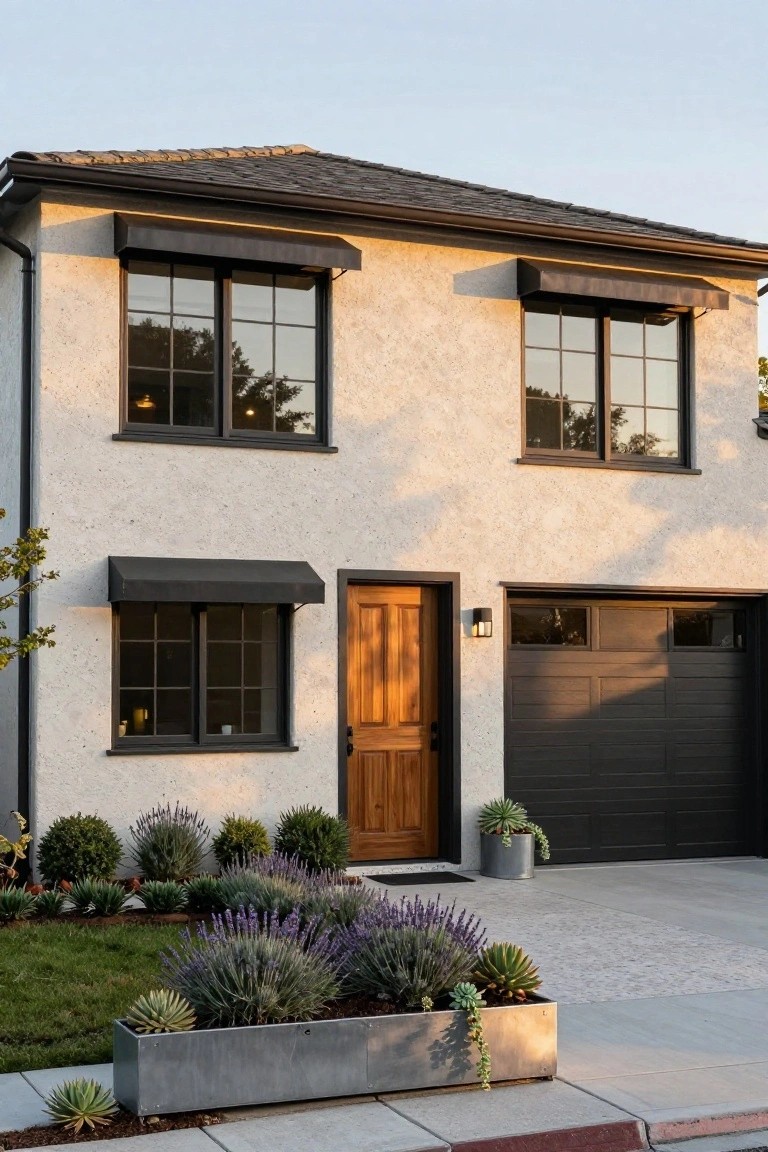 Front view of a light stucco ranch home with dark-framed windows, a dark garage door, and a wooden entry door.