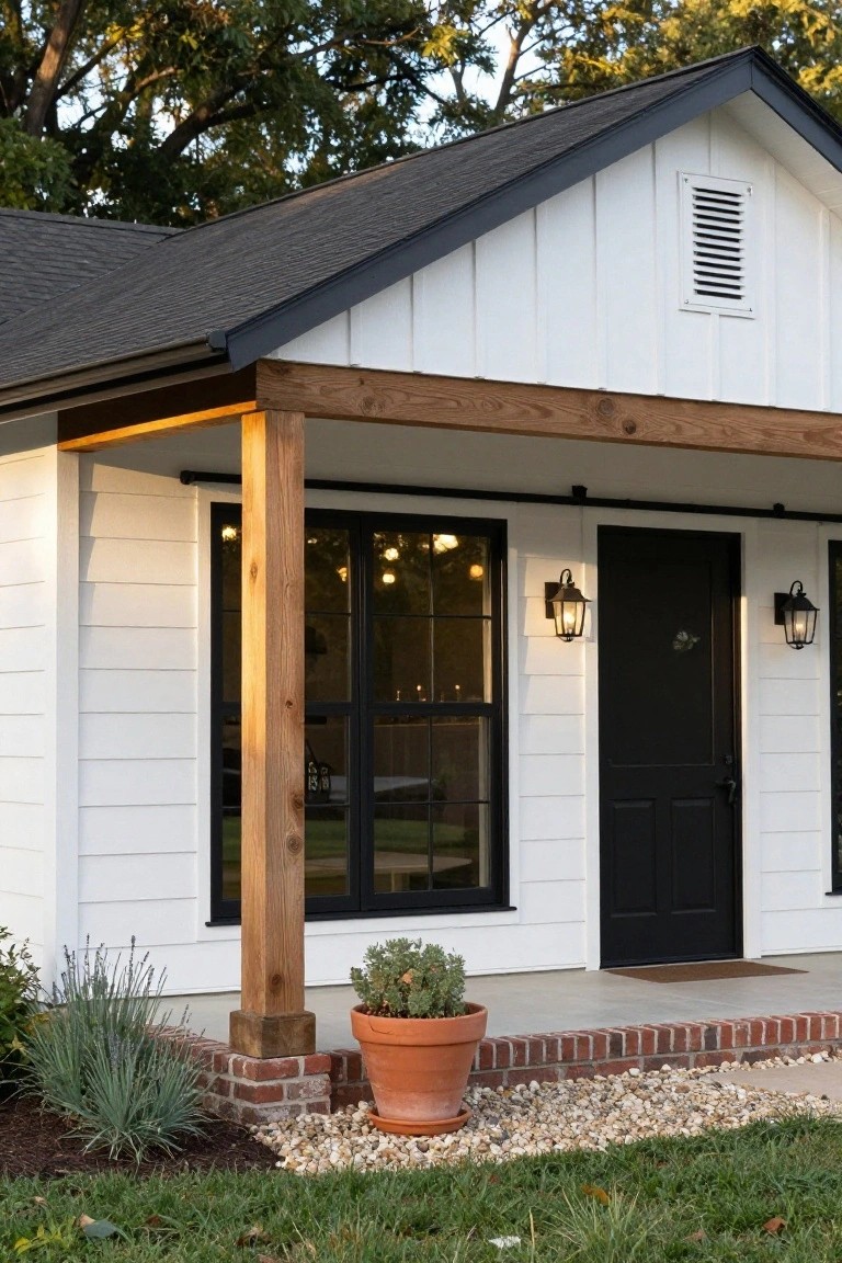 White house with black door and window, wooden porch post, terracotta plant pot.