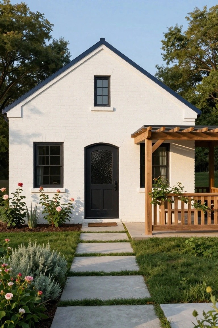 White brick house with black door, wooden pergola, and stone garden path.