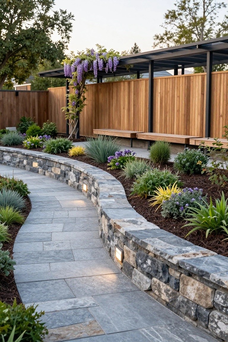 A curved stone retaining wall lines a paved garden path with layered plants and flowers on one side and a wooden pergola with benches beyond.