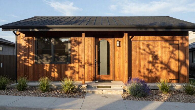 Front view of a ranch house with dark gray siding, a wooden garage door, a gabled wooden entry door, and stone accents at the base.