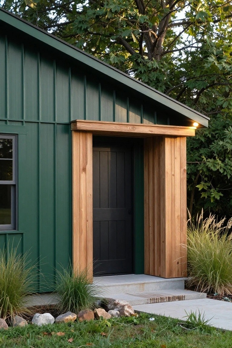 Green shed with black door, light wood frame and overhang, amid plants and rocks