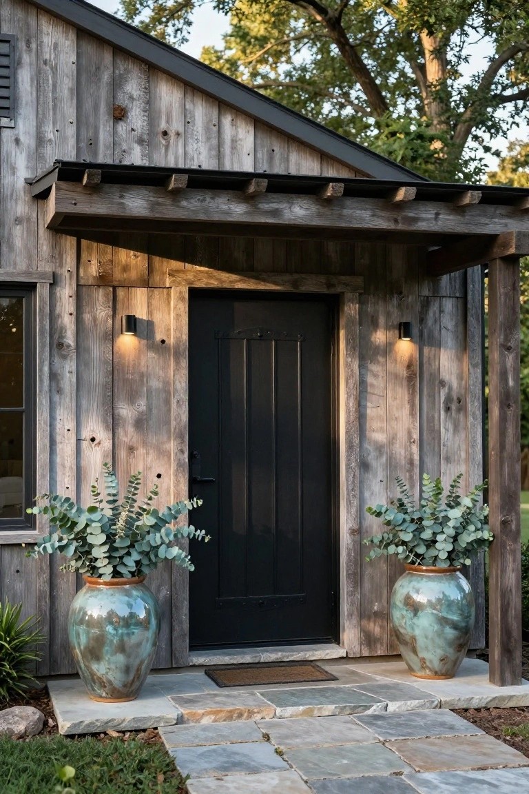 Front entrance of a wooden ranch house with a black door flanked by two large turquoise ceramic planters holding eucalyptus on a stone walkway.