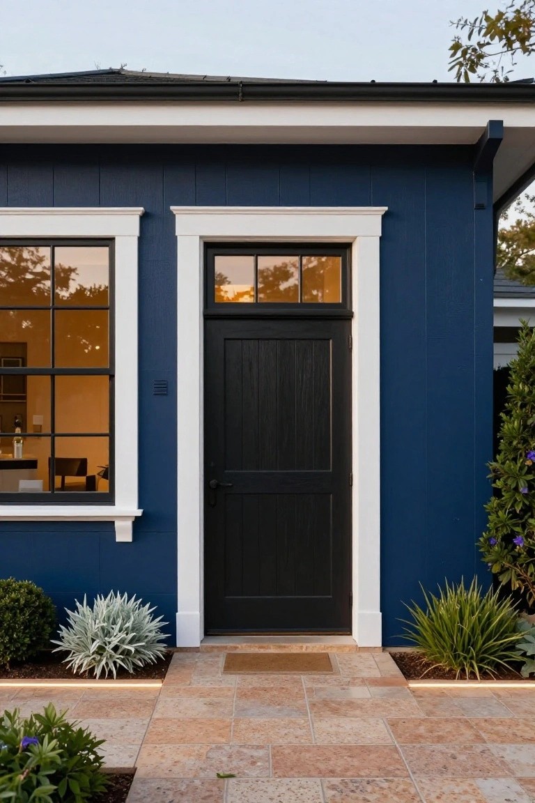 A dark blue house exterior with a black front door framed by white trim, a matching window to the left, and a stone walkway leading to the entrance.