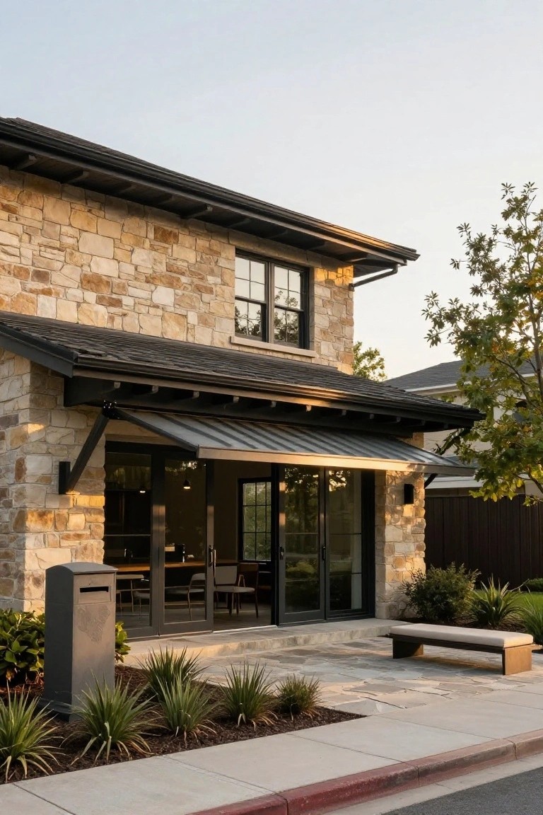 A two-story stone house exterior featuring a striped metal awning over black-framed glass doors, with a small window above and landscaping in the foreground.